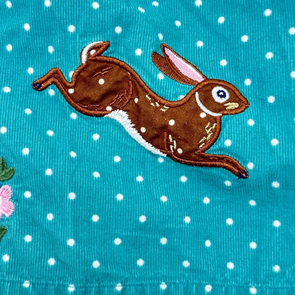 Mini Boden Girls Teal Corduroy Polka Dot Horse Bunny Embroidered Skirt 7-8Y